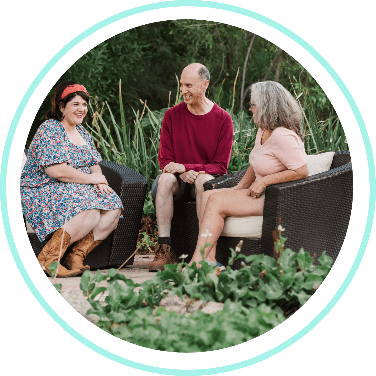 Real CIDP patients Mark, Maddy, and Christina outside talking.